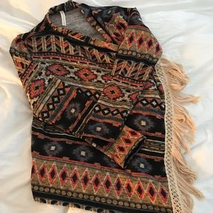 Western-Print Neutral Sweater with Fringe